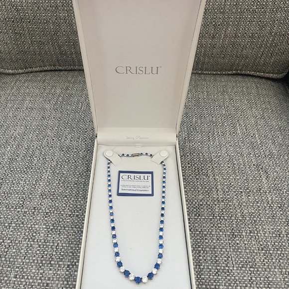 CRISLU Sterling Platinum Blue CZ - GORGEOUS necklace - Worn ONCE - Picture 2 of 6